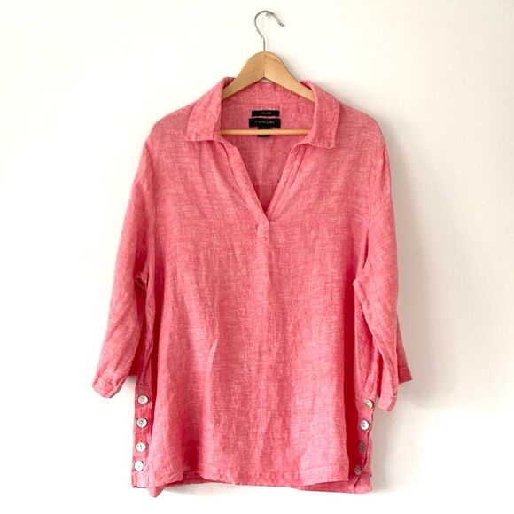 Tahari Pink Linen 3/4 Sleeve Slip On Tunic sz 1X Coastal Boho Beach Tropical New - Picture 1 of 8